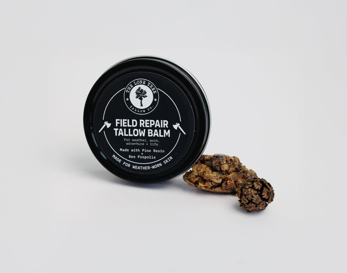 Field Repair Tallow Balm made with pine resin and bee propolis, shown next to raw pine resin