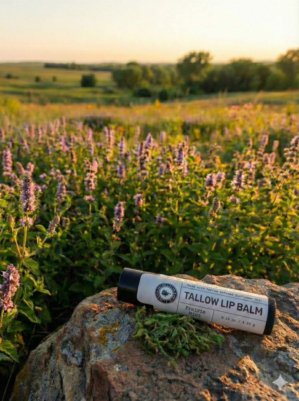 Lone Tree Tallow Wild Yarrow infused Tallow Lip Balm in Prairie Mint comes in a bpa free black container. All natural ingredients. Handcrafted on the prairie by a chemist. 