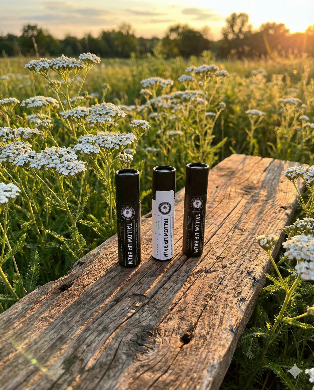 Lone Tree Tallow Wild Yarrow Lip Balms in prairie mint, roman chamomile and sweet orange and sage on a wooden plank in a field of yarrow at dusk on the prairie. 