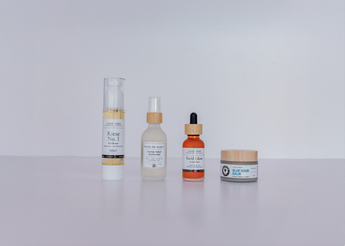 Blue Hour Ritual Skincare Set for Hormonal Skin. Rinse No.1 Oil Cleanser, Cactus Water Hydrolat, field glow luxury facial oil with astaxanthin and blue hour tallow face balm with bakuchiol and blue tansy. 