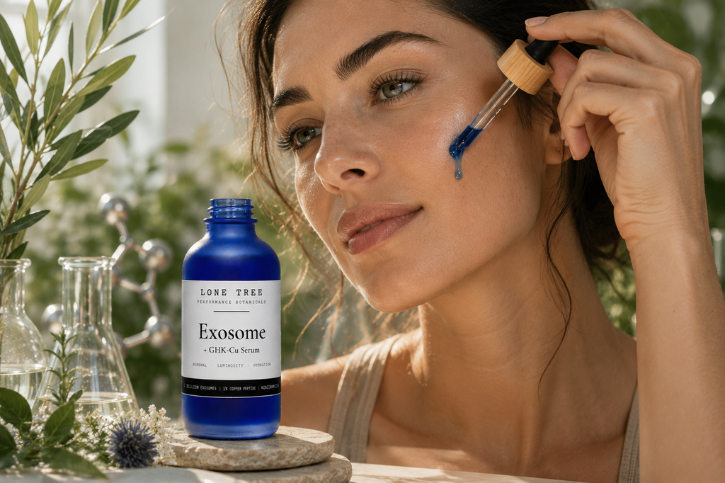 Woman applying Exosome plus GHK-Cu Serum to her face