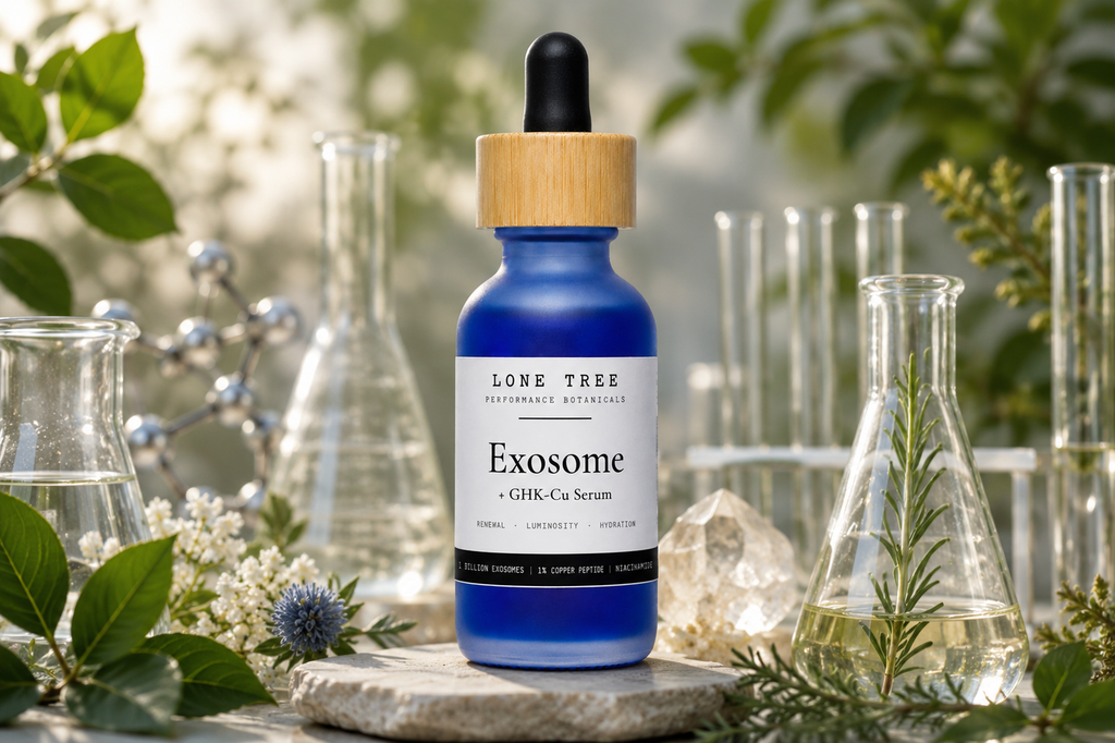 Exosome plus GHK-Cu Serum bottle in a natural prairie setting
