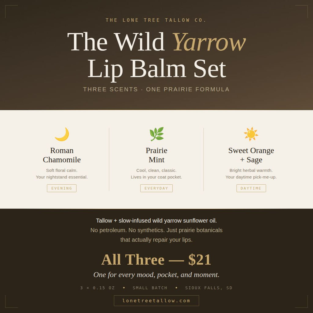 Lone Tree Tallow Wild Yarrow Lip Balm Set includes three flavors: Roman Chamomile, Prairie Mint and Sweet Orange & Sage. Heritage tallow, wild yarrow infused sunflower oil, shea butter, vitamin E. No synthetics, all natural ingredients. Handcrafted in small batches on the prairie by a chemist. 